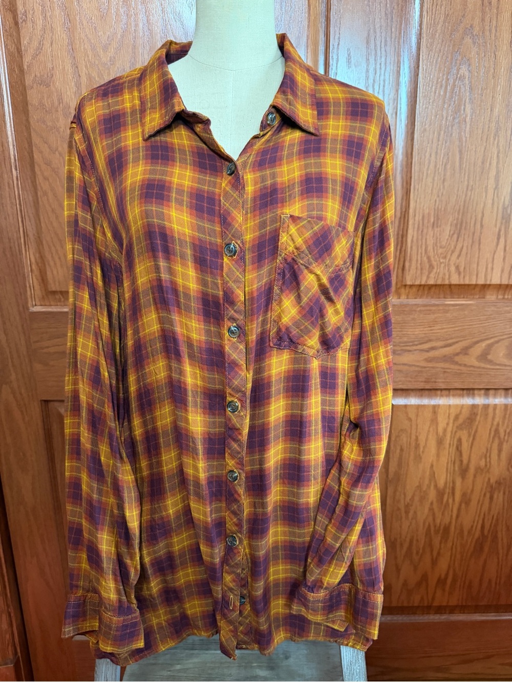Terra & Sky Maroon and Mustard Plaid Button-Up Shirt